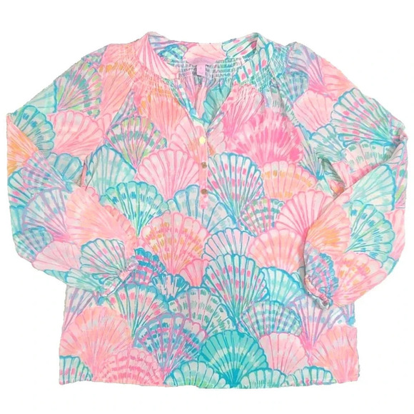 Lilly Pulitzer Silk Oh Shello Elsa Blouse Top Womens Small Shells Pink Blue Teal - Picture 1 of 5